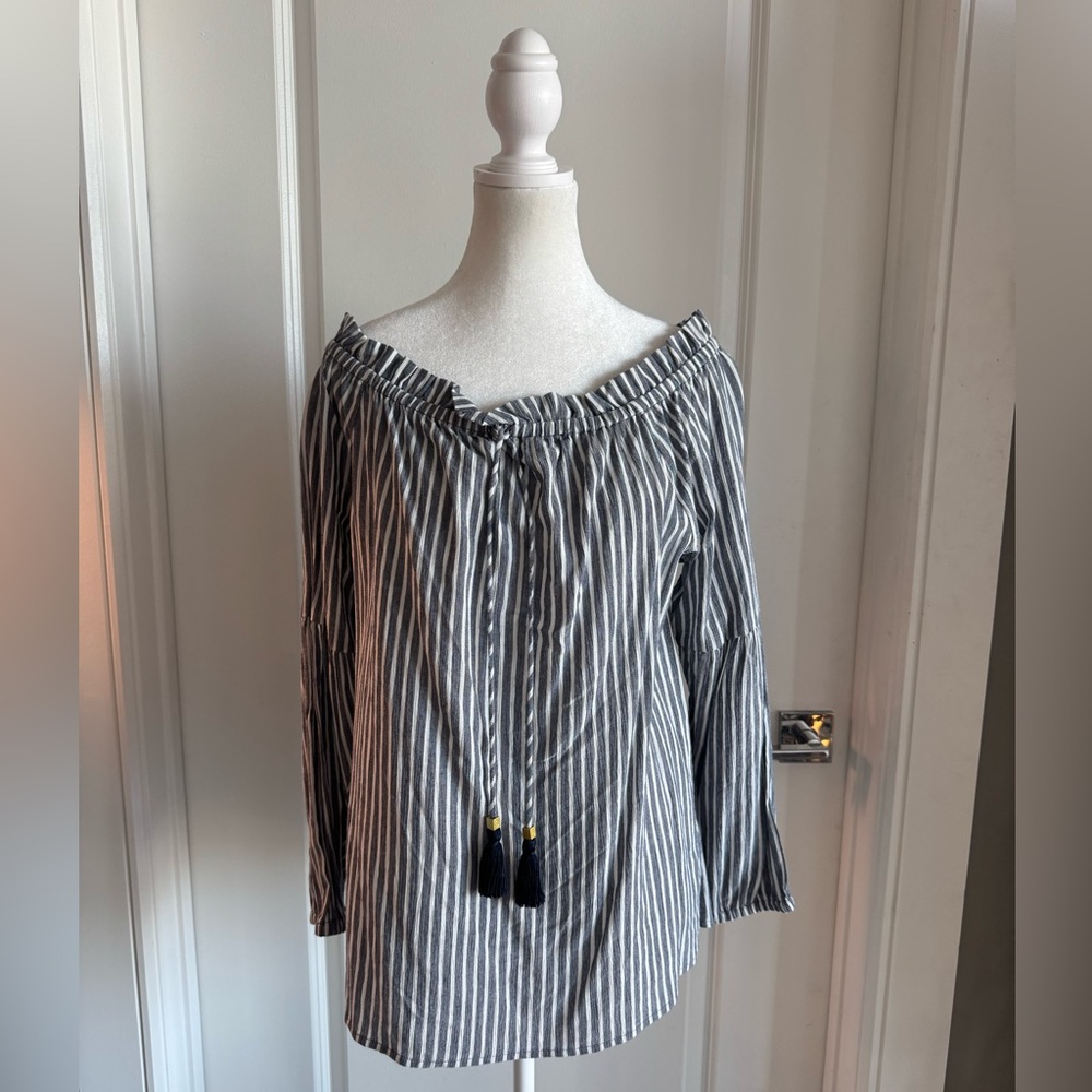 Michael Kors Off Shoulder Blue/White Stripe Tassel Top Classic Blouse Size M